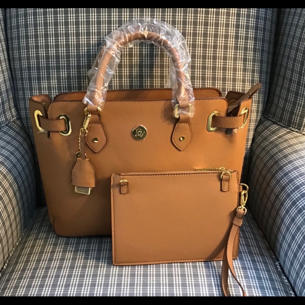 NEW Joy Mangano Cognac Saffiano Leather Satchel